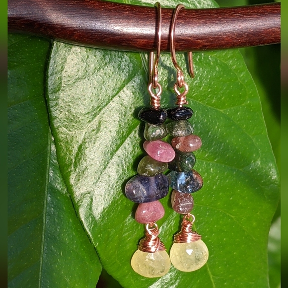 Rainbow Tourmaline Gemstone Earrings Artisan Copper Wire Wrap Design - Picture 4 of 14